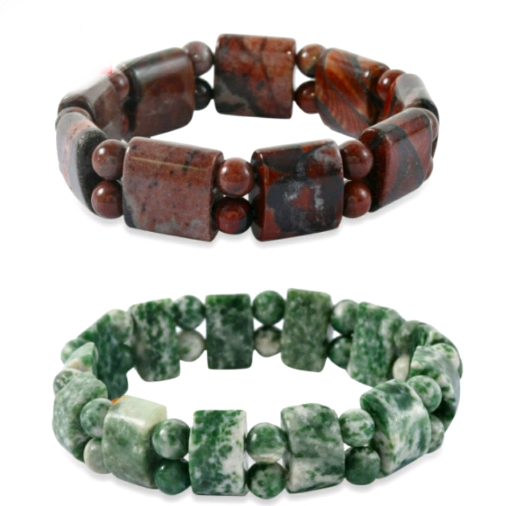 UNISEX JASPER AND GREEN AGATE STRETCH BRACELET SET